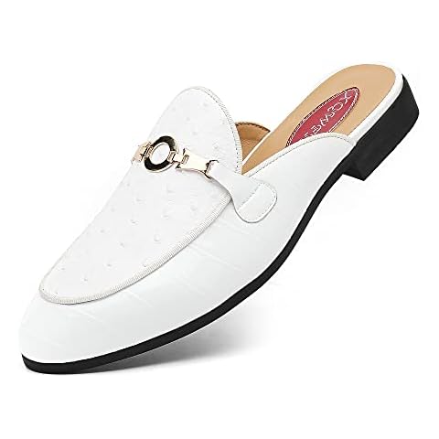 XQWFH Men's Slip-on Mule Sandals Loafer with Ostrich Texture,Fashion Leather Formal Wear Casual Backless Dress Slippers(White) Cover