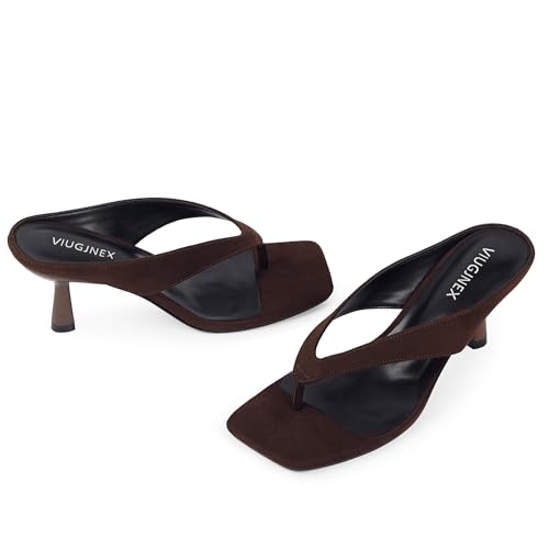 Image of VIUGJNEX Women's Kitten Heels Flip Flops Slip On Open Toe Low Heels Thong Square Slide Summer Fashion Party Heeled Dressy Sandals for Women