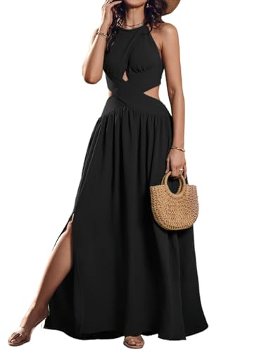 CHICME Women's Sleeveless Halter Neck Criss Cross Tie Back Split High Maxi Dress Flowy A Line Ruched Vacation Black Dress-S at Amazon Women's Clothing store CHICME Women's Sleeveless Halter Neck Criss Cross Tie Back Split High Maxi Dress Flowy A Line Ruched Vacation Black Dress-S at Amazon Women's Clothing store