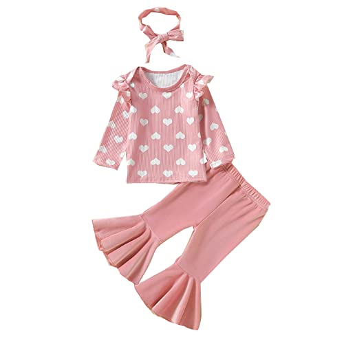 Infant Toddler Baby Girls Clothes Fall Winter Gift Ruffles Shirt Tops + Bell-Bottom Pants+ Headband (Pink, 18-24 Months)