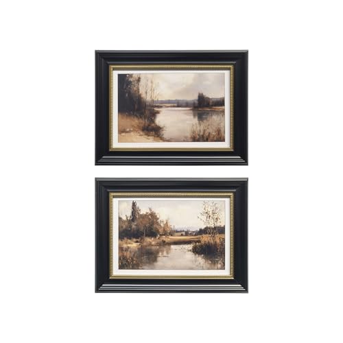 Gatheroad Vintage Black Gold Framed Wall Art Set of 2, Horizontal Nature Country & Wilderness Canvas Prints | Farmhouse Landscape Painting & Modern Artwork for Bedroom, Bathroom, Living Room, 16x12in