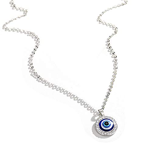 1pcs Turkish Crystal Blue Evil Eyes Pendant Necklace Choker for Women Girl Men Lucky Amulet Clavicle Chains Protection Jewelry (Silver 14mm)