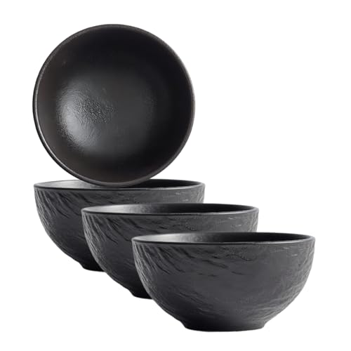 Set di 2 ciotole in ceramica piccole da 11,4 cm, ciotole in porcellana per cucina, insalata, salsa, cereali, snack, riso, frutta, gelato, dessert, nero opaco con rocce testate (black 4pcs, 6inch)