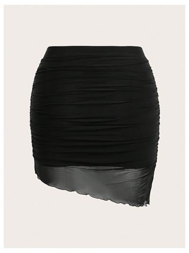 WDIRARA Women's Plus Size Ruched Bodycon Skirt High Waisted Mesh Asymmetrical Short Skirts2