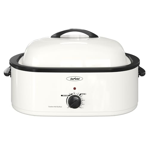 Sunvivi Roaster Oven, Electric Roaster Oven with Self-Basting Lid, 24lb 20-Quart Turkey Roaster with Unique Defrost/Warm Function, Large Roaster with Removable Pan & Rack, Stainless Steel, White