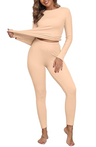 IWOLLENCE Conjunto de ropa interior térmica para mujer, camiseta térmica y leggings de invierno, capa base, forro polar acanalado, pijama térmico para mujer, color carne, XL