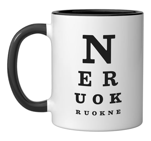 N E R U O K (Annie Are You Okay?) Snellen Eye Chart Parody Ceramic Mug, Black/White