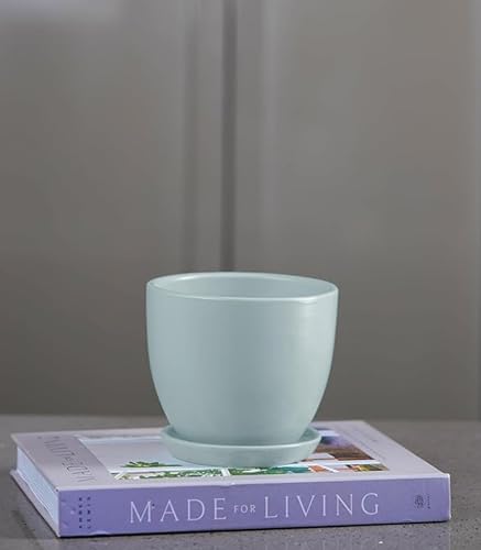 Image of Nurturing Green Modern Design Mint Green Ceramic Pot for Indoor Plants | Ceramic Flower Pot for Home Decor & Gifting (Size: 5 Inch Wide | Comes with Bottom Plate) - [Plants are not Included]