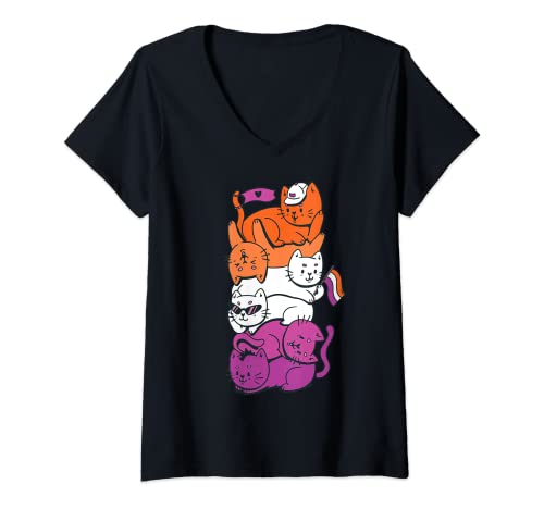 Damen Lesbian Flag Kawaii Cats Lesbian T-Shirt mit V-Ausschnitt