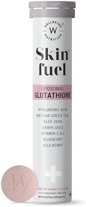 Wellbeing Nutrition Skin Fuel Liposomal Glutathione 90% (600mg)|Hyaluronic Acid, Vitamin C & E | 4X Absorption |Skin Radiance, Anti-Pigmentation & Hydration | Blueberry Mint Flavour | 15 Veg Tablets
