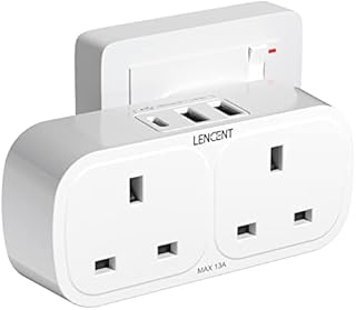 LENCENT Plug Adapter with 3 USB (Included 1 USB-C),Double Wall Plug Extension, Multi Plug 2 Gang Extender Suitable for UK, 13A 3250W for Home, Office, College dormitary