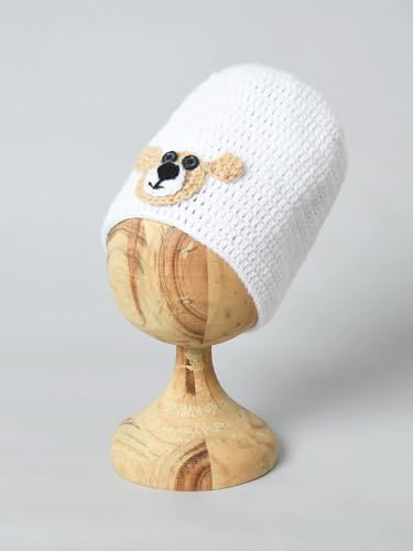 Image of Handmade Knitted Self Design Woolen Beanie Cap for Kids - White & Red 6-12 M | Winter Cap for Baby | FUNCAP56-6-12 M