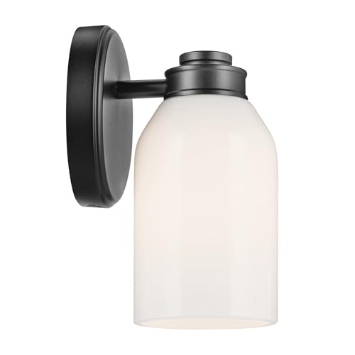 Image of Kichler Shae 1-Light Bathroom Wall Light, Black | White opal glass wall light for bathrooms, hallways and mirrors (5 inch x 8.25 inch), 55200BK