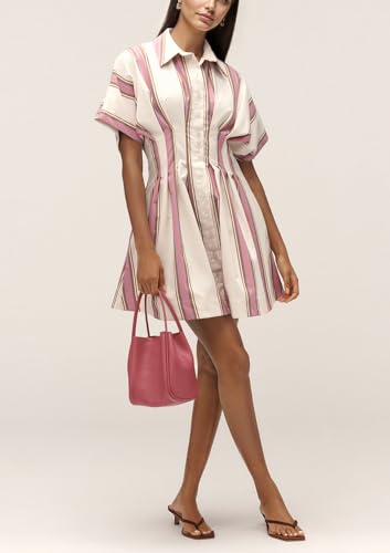 Image of calbatic Women Button Down Pleated Shirt Dress Striped Short Sleeve Summer Casual Business Flowy Mini Short Dress