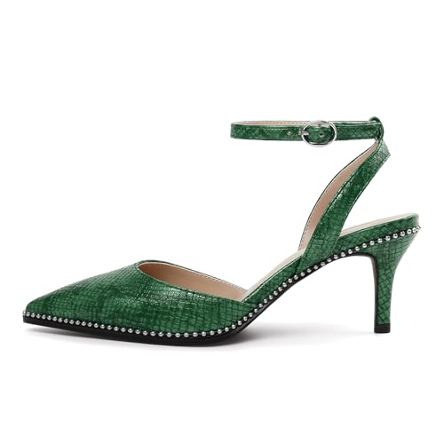 Image of SAMMITOP Kitten Heels for Women Low Heel Closed Toe Ankle Strap Pumps Wedding Party Beaded Dress Shoes 2.4 Inch