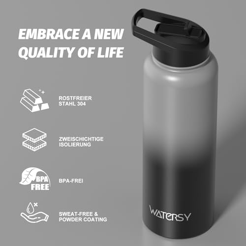 WATERSY Isolierte Edelstahl Thermosflasche 40oz Vakuumisolierte Trinkflasche mit 2 Deckel Auslaufsichere Wasserflasche 1200 ml Doppelwand… – Ansicht 5