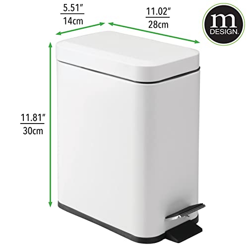 Image of mDesign Metal Freestanding Slim Toilet Bowl Brush and Holder + Rectangle Narrow 5 Liter / 1.3 Gallon Step Pedal Trash Can Wastebasket for Bathroom - Small, Compact Design - Set of 2 - White