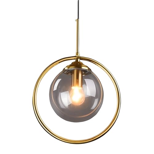Image of Golden Metal & Smoke Glass Ring Shape Hanging Light, Living Room, Bedroom, Home Decor, E27 Bulb Holder (Without Bulb)