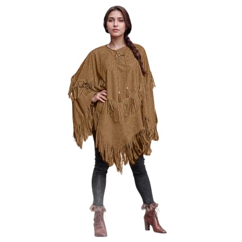 Générique déguisement Indienne Femme Poncho Deguisement Adulte, Taille Unique, Cape Aspect Cuir avec Franges et Perles, Chef, Cowboy, Squaw, Carnaval, Mardi...