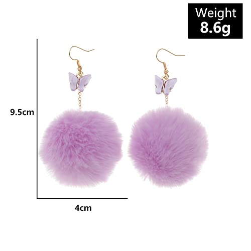 Pom Pom Earrings For Women Cute Colorful Fluffy Fur Ball Earrings Soft Plush Pom Dangle Drop Earrings Winter Jewelry-Butterfly Purple #TOP1