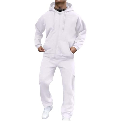Mens Track Suits 2 Piece Set Big and Tall Athletic Fleece Workout Hoodies Zip Up Jacket and Straight Leg Sweatpants with Pockets All White Outfits Workout Conjuntos Deportivos Para Hombre