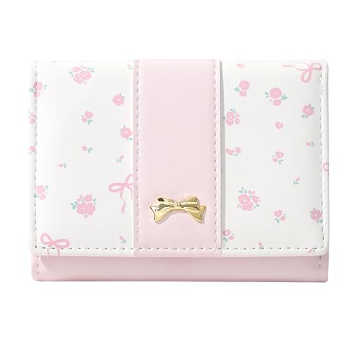 Small Wallet Floral Coquette Bow Wallet Cute Wallet ID 7 Credit Card Slots for Women Girls (PINK)