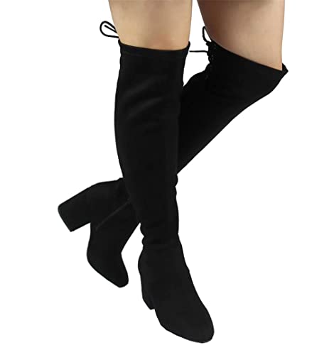 Wild Diva Women's Over The Knee Boot - Sexy Over The Knee High Pullon Boot - Low Chunky Block Heel - Top Lace Boots Black #TOP1