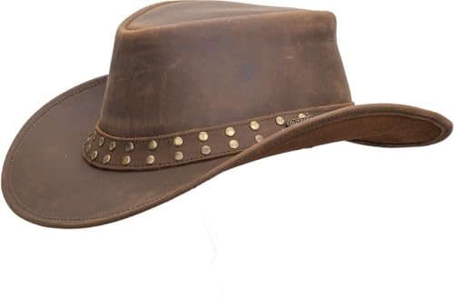 Outback Trading Chapéu de caubói marrom durável de couro Hemlock com cordão de queixo e faixa dupla,