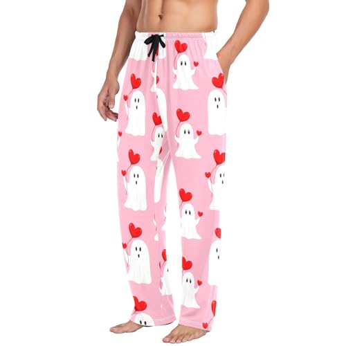 White Spirits with Hearts Pattern Men's Cotton Pajama Pants with Pockets and Drawstring Comfortable and Stylish,S4