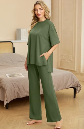 Image of PrinStory Womens Pajamas Sets 2 Piece Lounge Set Short Sleeve Tops and Long Pants Soft Pjs Loungewear with Pockets