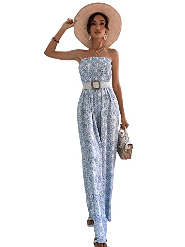 Sweatyrocks Women's Printed Sleeveless Tube Top Shirred Long Pants Jumpsuit Romper Blue White M #TOP4