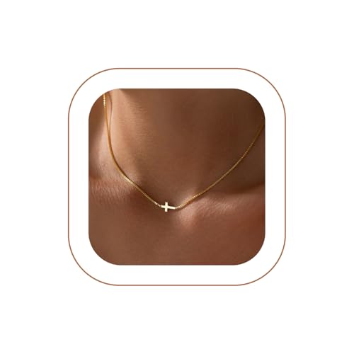 Rotnso Cross Necklace for Women 14K Gold Plated Dainty Small Sideways Cross Pendant Choker Simple Trendy Cute Cross Charm Box Chain Necklace Easter Basket Stuffers Baptism Religious Faith Jewelry Gift