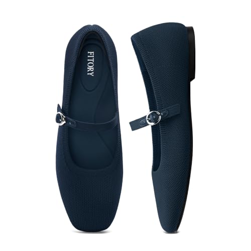 Image of FITORY Flats for Women, Mary Jane Ballet Square Toe Knit Ankle Strap Shoes