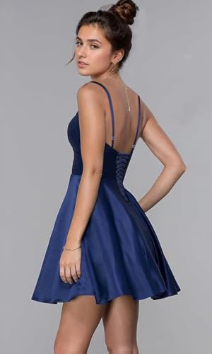 Satin Homecoming Dresses for Teens Spaghetti Strap Prom Dresses Short A Line Cocktail Dresses with Pockets UU1023