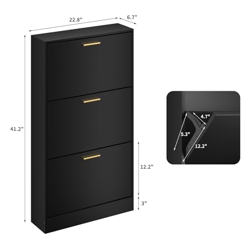 JOZZBY Shoe Storage Cabinet with 3 Flip Drawers, Freestanding Narrow Slim Shoe Organizer Cabinet Rack for Entryway, Hallway, Living Room, Black