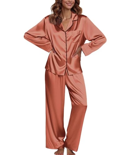 Image of Ekouaer Pajamas For Women Set Silk Pjs 2 Piece Satin Sleepwear Long Sleeve Button Down Lounge Sets With Pant