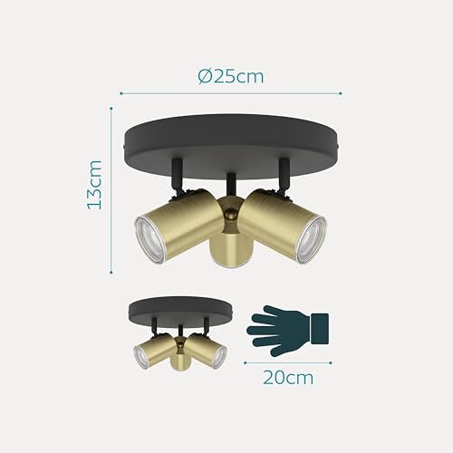 EGLO Deckenlampe Consuma 1, runder Deckenstrahler 3-flammig, Spot Deckenleuchte Badezimmer, Badlampe Decke aus Metall in Schwarz und Messing, GU10 Fassung, IP44