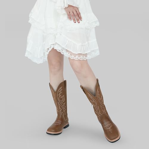 Hawkwell Women's Cowboy Cowgirl Boots Square Toe Side Zipper Embroidered Low Heel Dress Western Mid Calf Boot2