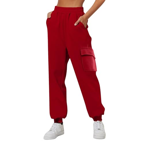 Generisch Cargo Hose Damen, Stoffhose Damen, Rote Cargohose Damen, Cargo Jogginghose Damen Rote Cargohose Elastischer Taille Sweatpants mit Taschen Trainingshose Arbeitshosen Sommer Sporthose