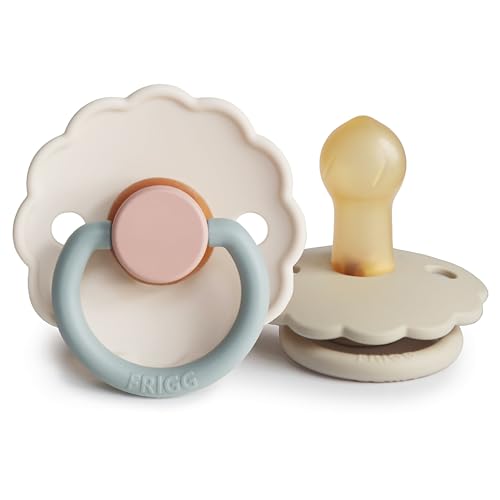 Image of FRIGG Daisy Natural Rubber Baby Pacifier | Made in Denmark | BPA-Free (Cotton Candy/Sandstone, 0-6 Months) 2-Pack
