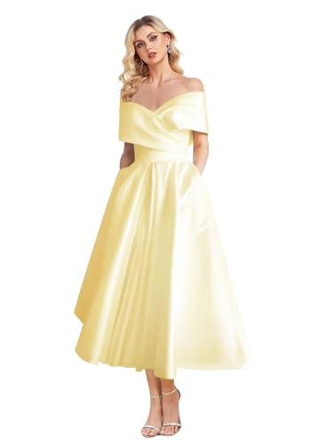 Image of Women's Off Shoulder Wedding Dress for Bride Tea Length A Line Satin Formal Prom Dresses with Pockets