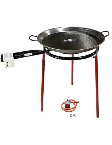 FERRETERIA LEPANTO Kit Paellero, Quemador a Gas butano, paellera acero pulido, regulador de Gas + 1,5 metros de Manguera, soporte de 3 Patas reforzadas (50)