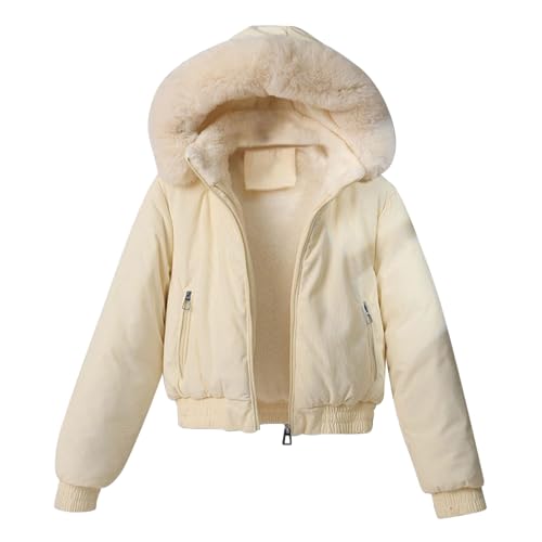 Image of Winter Coats for Women Short Corduroy Jacket Thermal Sherpa Fleece Lined Winter Jackets with Faux Fur Hood Zipper Warm Plush Overcoat Cropped Coats Windproof Outerwear with Pockets