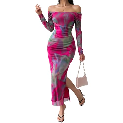 Image of LIGHT DOT Women's Printed Off Shoulder Maxi Dress Long Sleeve Bodycon Ruched Mesh Cocktail Dress