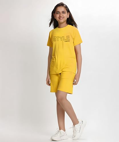 Image of KYDA KIDS Girls 100% Cotton Bio Washed Printed T-Shirt and Shorts Co-ords Clothing Set | Premium Soft & Breathable Summer Casual Comfort Outfit for Girls