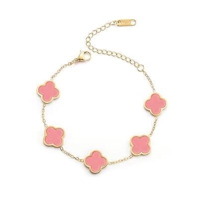AIPPK 18K Gold Plated Clover Lucky Bracelet for Women White/Black/Red/Green Flower Four Leaf Link Bracelets Trendy Jewelry Gifts for Women (Pink)