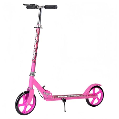 EZweekendスクーター子供と大人のための折りたたみ式軽量3速調整スタンドアップ二輪車持ち運びに便利な足/ハンドブレーキアルミ (ピンク,直板とハンドブレーキ)