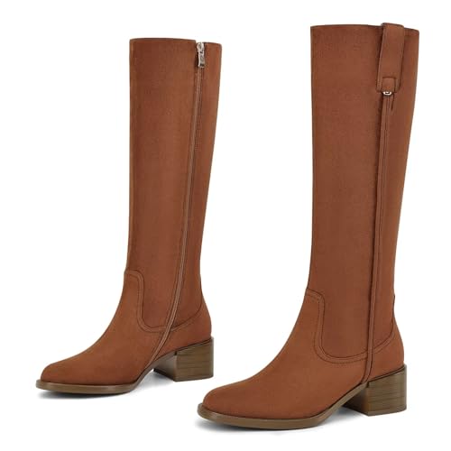 Image of Women's Knee High Boots Chunky Low Block Heel Round Toe Faux Leather Rinding Boots with Side Zip Fashion Tall Boots for Women