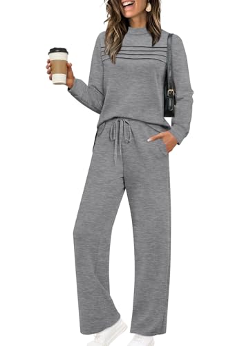 Image of WIHOLL Two Piece Sets for Women Fall Travel Vacation Outfits 2026 Long Sleeve Lounge Sets Side Slit Wide Leg Pants XS-3XL