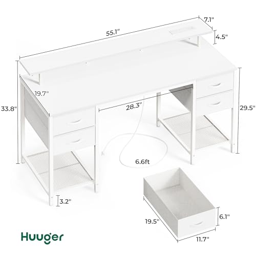 Image of Huuger 55 inch Computer Desk with 4 Drawers, Gaming Desk with LED Lights & Power Outlets, Home Office Desk with Large Storage Space for Bedroom, Work from Home, White